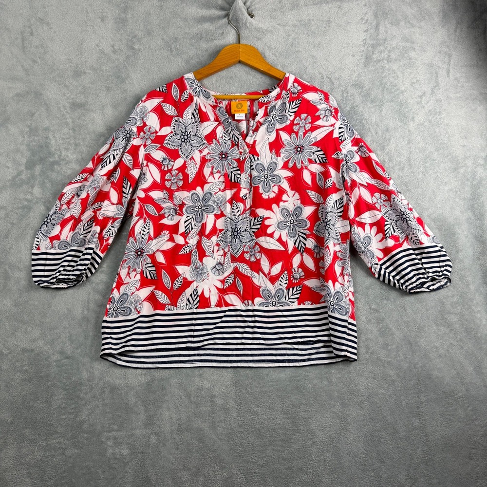 Ruby Rd Womens Large Red Floral Blouse 3/4 Sleeve Rayon Boho Coastal Top 40142